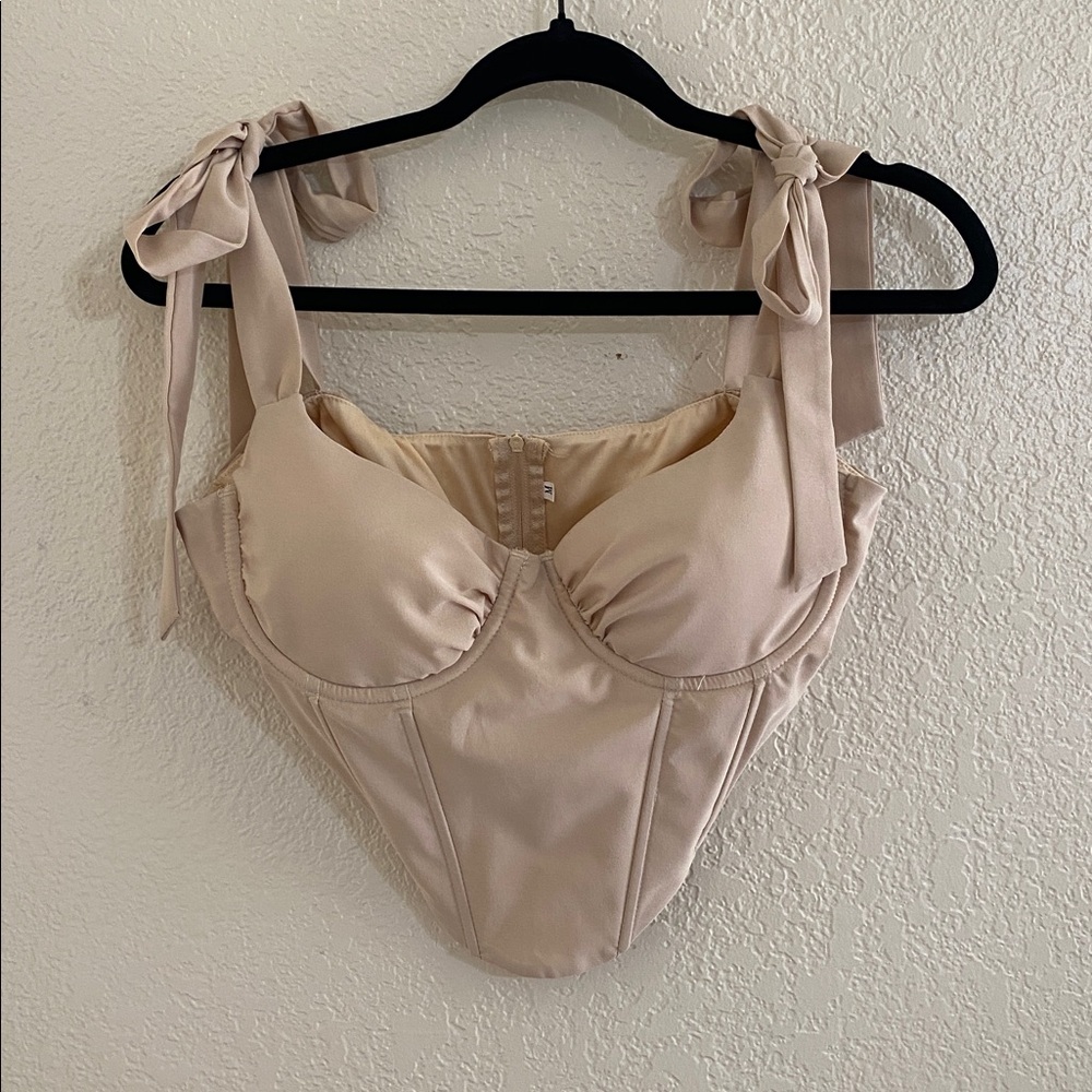 Elegant Beige Corset Top with Bow Straps